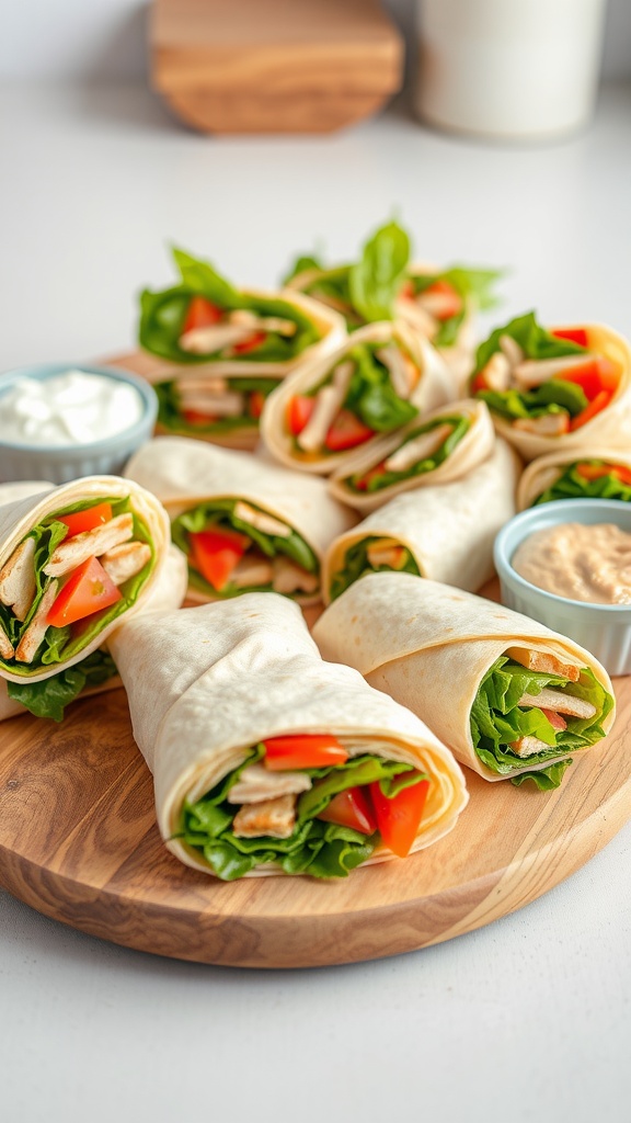 Easy Make-Ahead Lunch Wraps Colorful make-ahead lunch wraps filled with chicken, vegetables, and cheese on a wooden platter with dipping sauces.